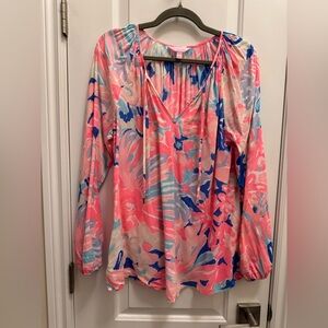 Lilly Pulitzer Willa Pink & Blue Floral Top Resort Coastal Bright Bold Blouse Lg